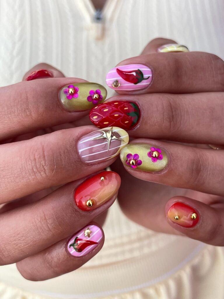 Colorful fruit themed nails with strawberries, chili peppers, stripes, and gold details.  