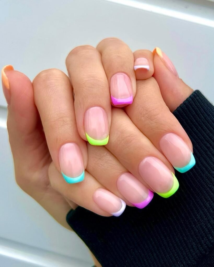 Soft pastel French tip nails with white, green, blue, and pink curved edges  