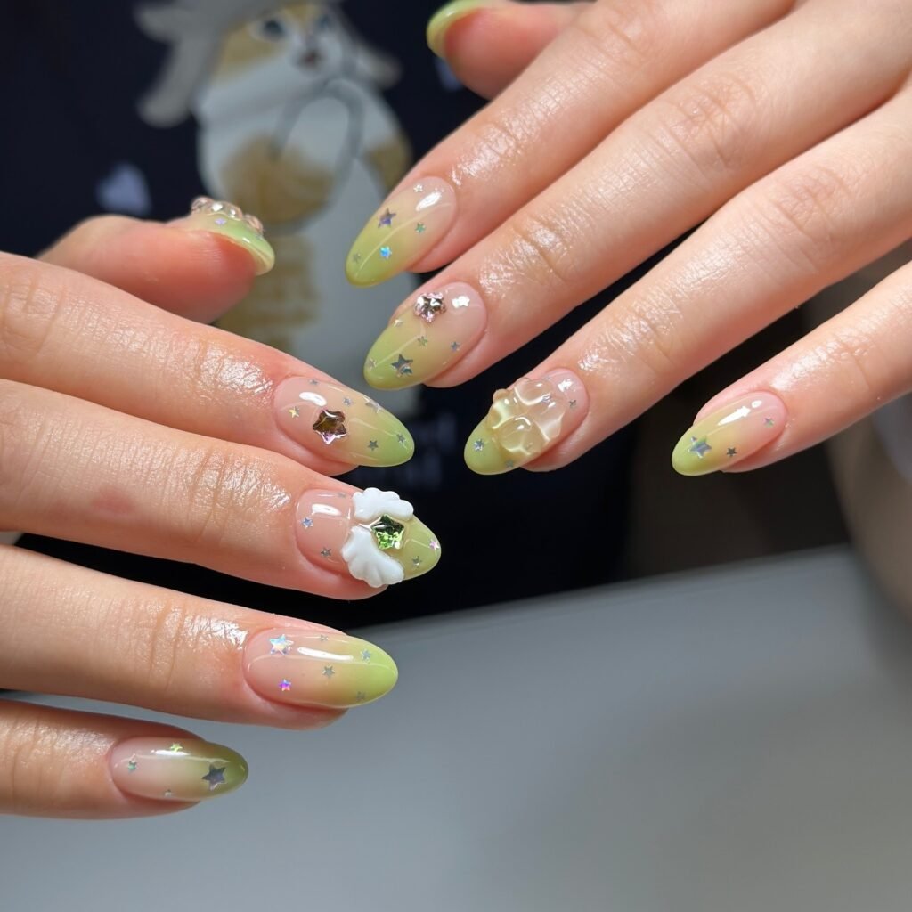 Almond nails with lime green French tips, silver stars, and 3D clouds.  
