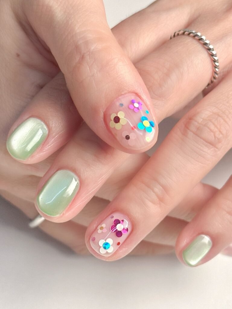 Almond nails with pale green gradients and hand-painted leafy accents.  