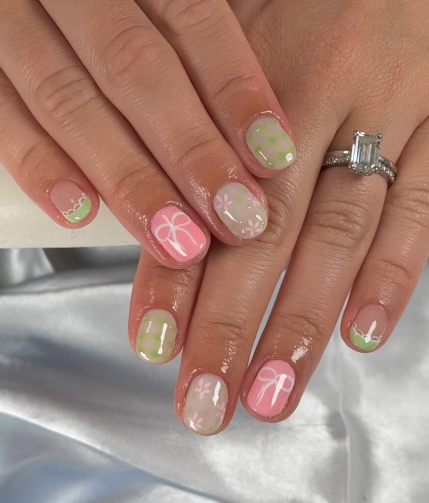 Short pastel nails with green tips, pink bows, and tiny floral details.
