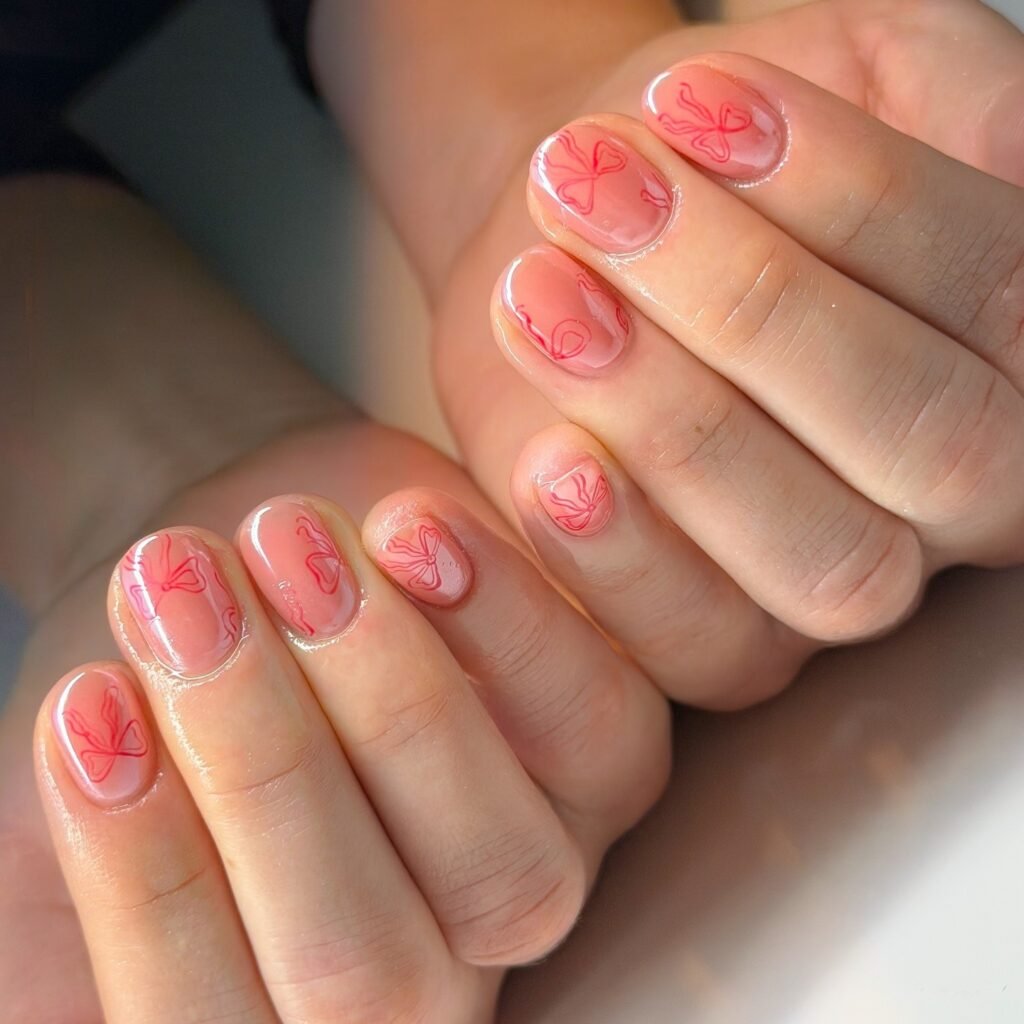 Glossy pink nails featuring delicate coral butterfly line art throughout.  
