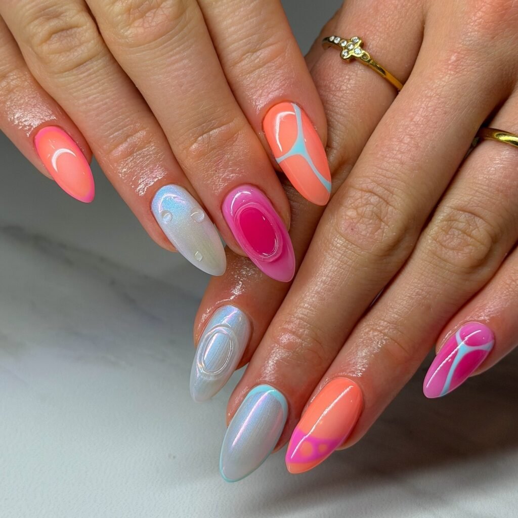 Long almond nails with coral, blue, and iridescent abstract designs.  