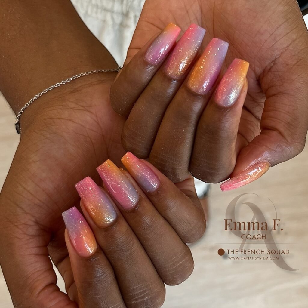Hands with long square nails showing a pastel pink, orange, and lavender gradient with shimmer and a glossy finish.