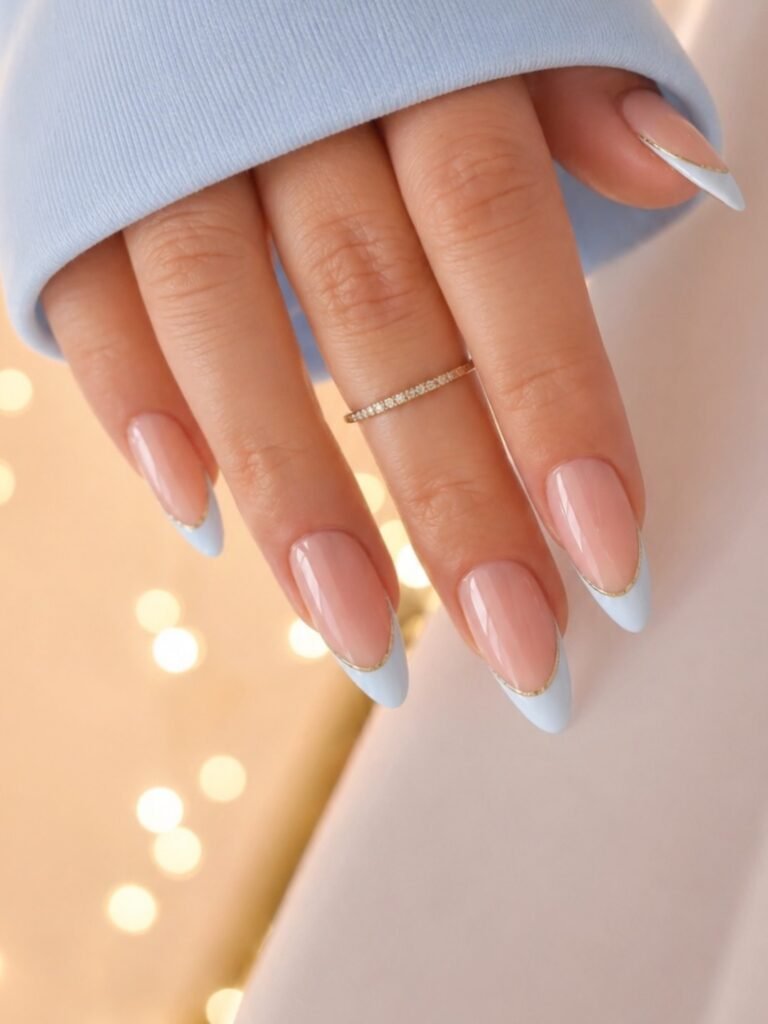 Glossy nude nails with pale blue pointed tips and gold outlines.  