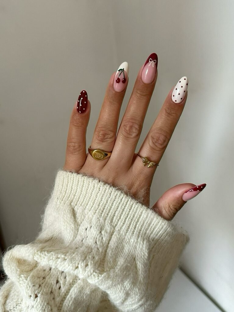 pink Y2K cherry nails with music note and gems