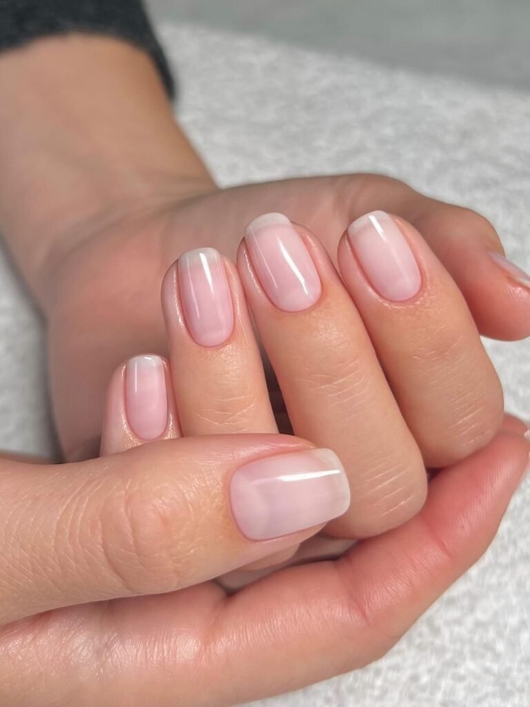 short invisible French square nails with glossy pink base