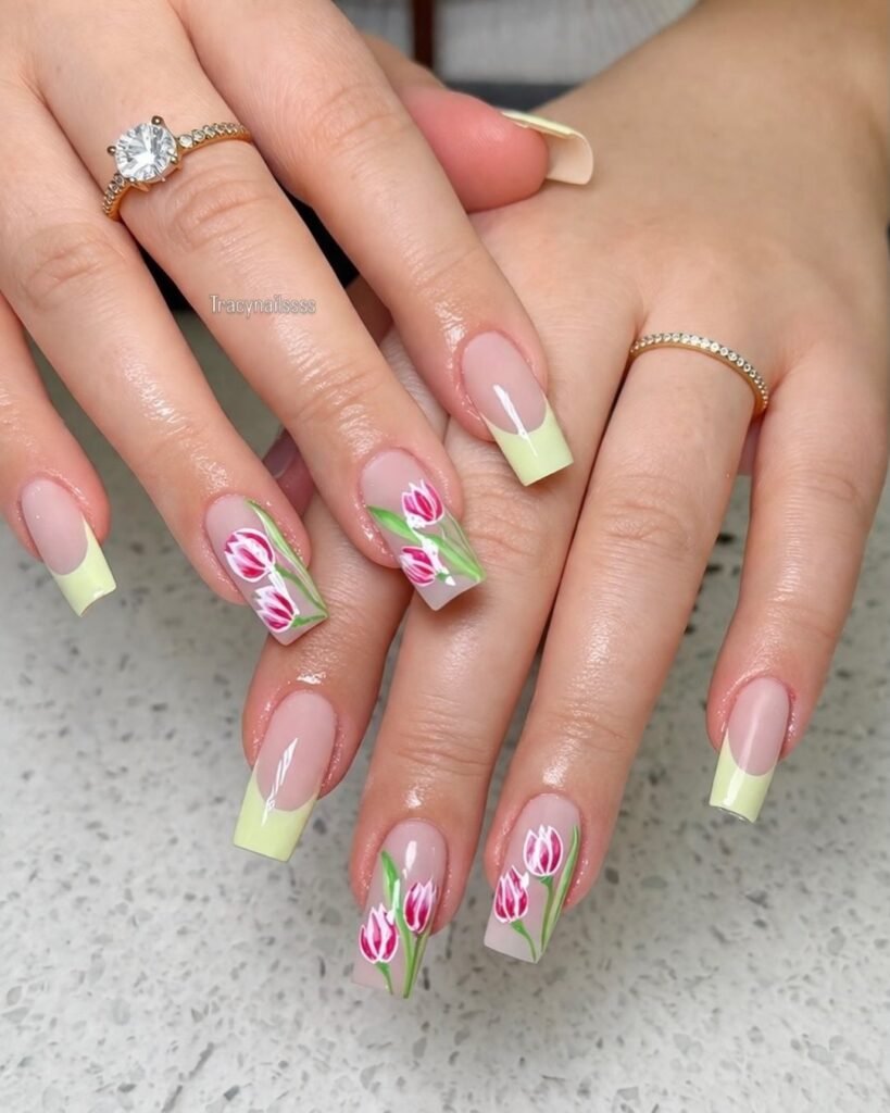 pistachio French tip nails with hand painted tulips