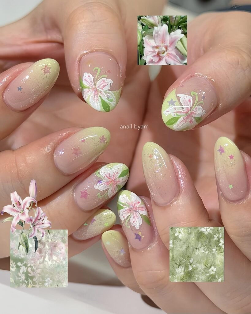pastel pistachio lily nails with soft star accents