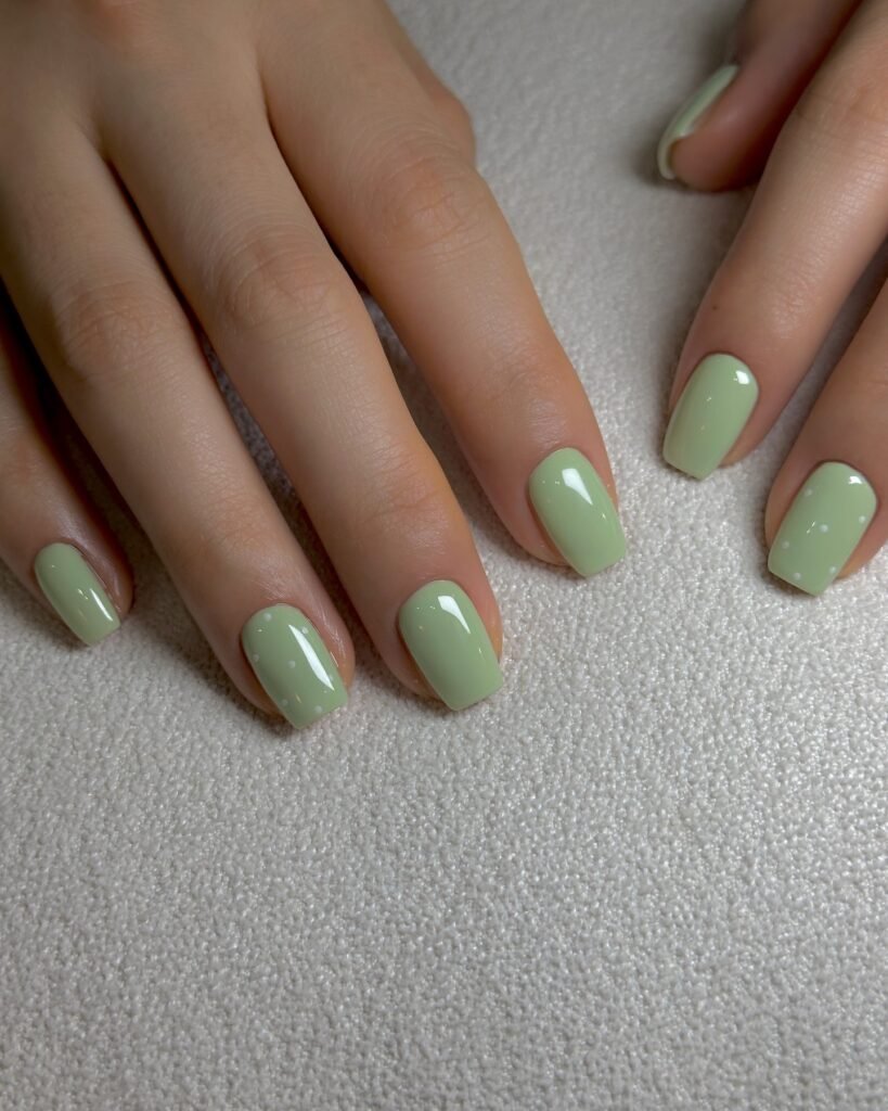 glossy pistachio nails with tiny white dot accents