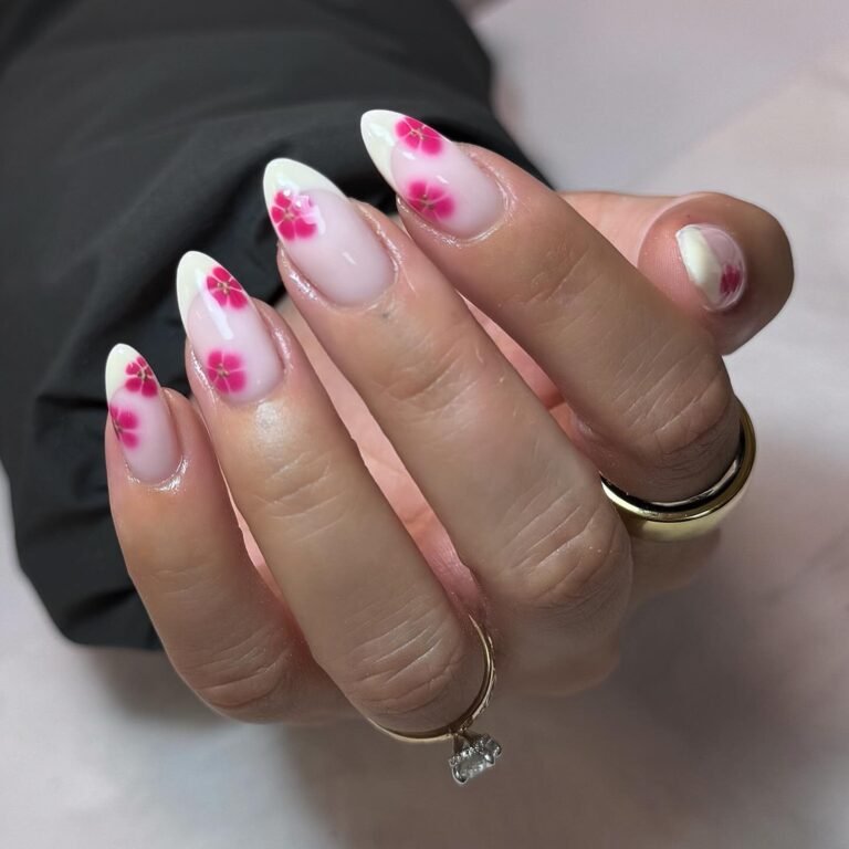 milky June nails with soft pink flower art