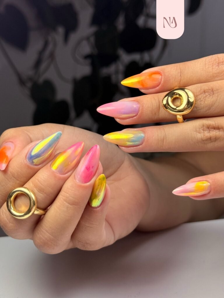 colorful chrome June nails with bright gradient shine