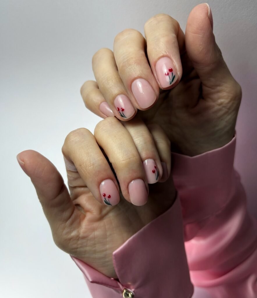 short glossy pink cherry nails with tiny red fruit art