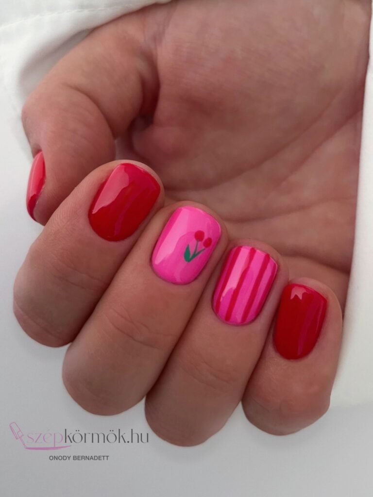 short red pink June nails with tulip design