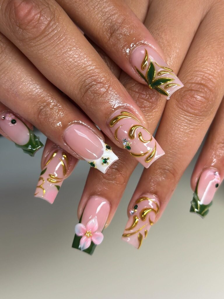 green gold June nails with floral French tips