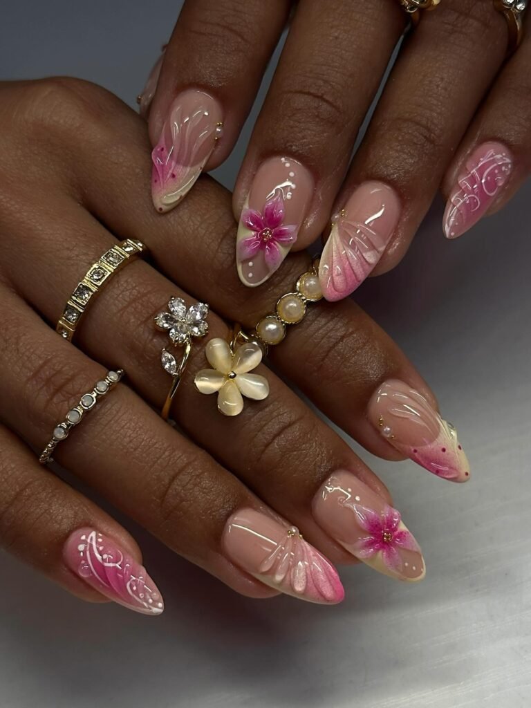 pink and yellow hibiscus almond nails with floral details