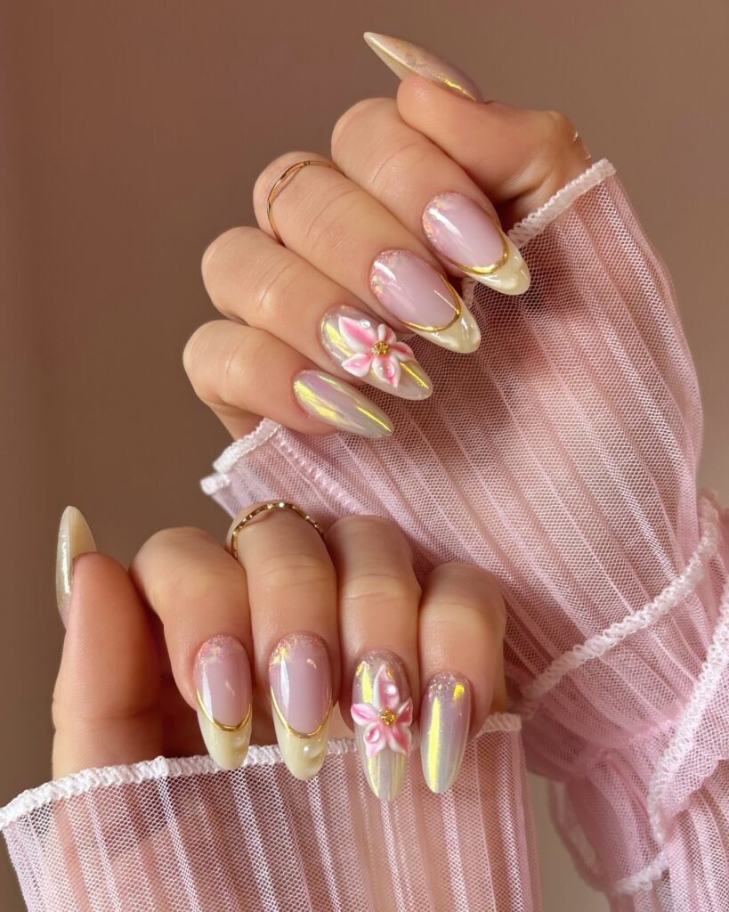 pearly yellow French nails with pink 3D flowers