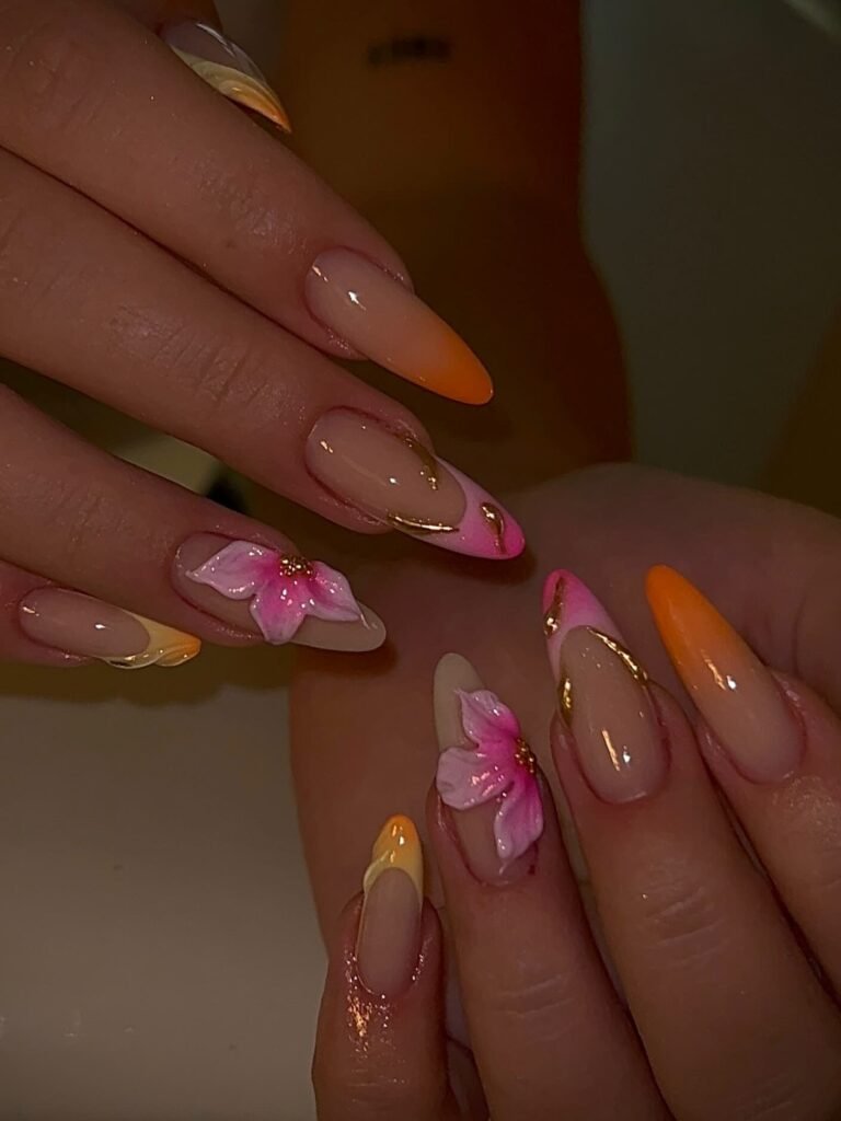 Orange pink floral French nails with gold details