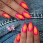 Neon pink and orange aura sunset almond nails