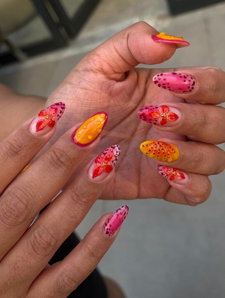 Tropical sunset nails with 3D flowers and dots