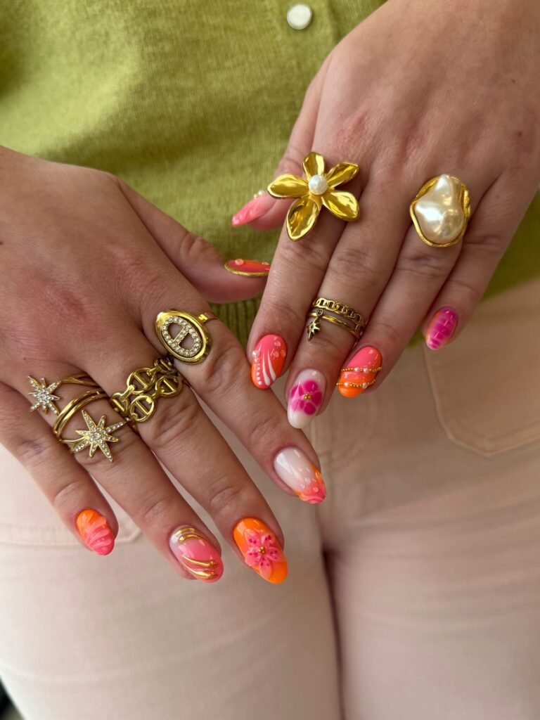 Pink orange mix and match summer sunset nails