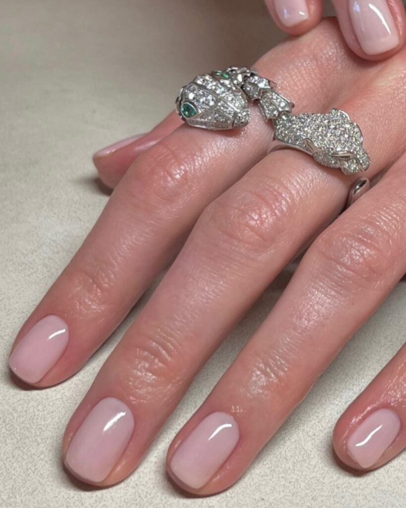 Milky pink short nails with glossy clean girl finish