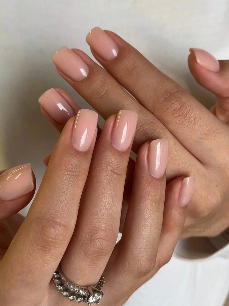 Soft pink square nails with shiny minimalist finish