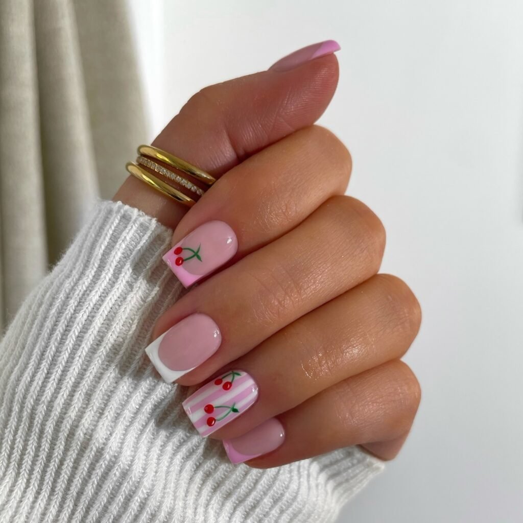 pink striped cherry nails with soft French tips
