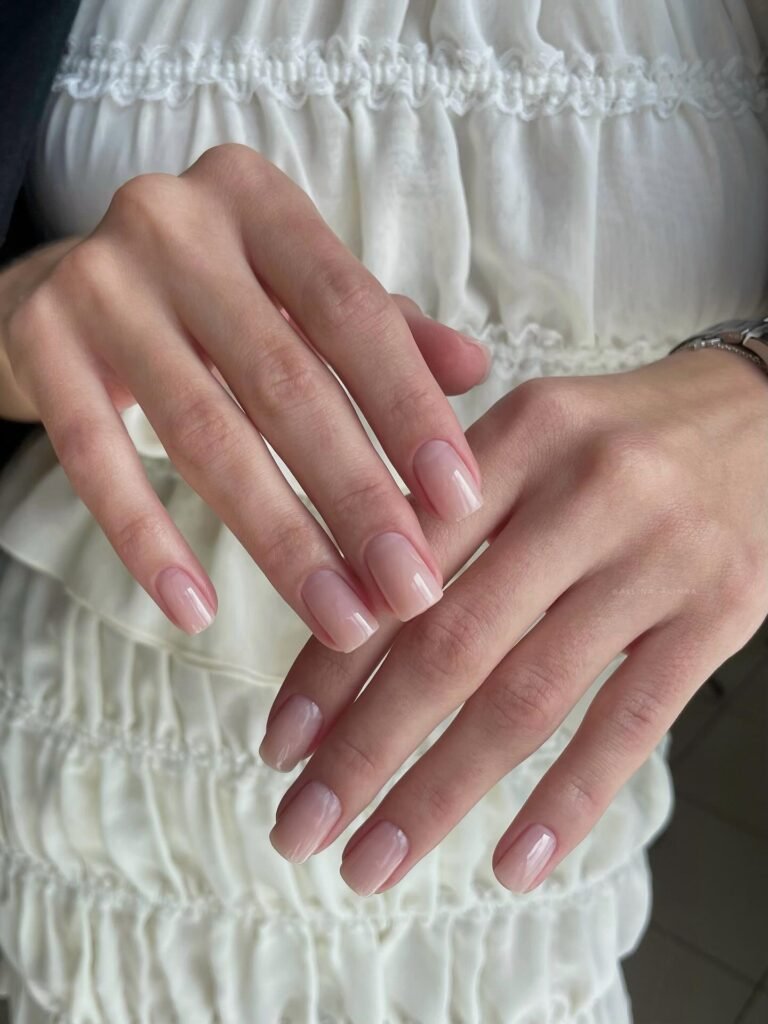 Soft pink natural nails with delicate glossy finish