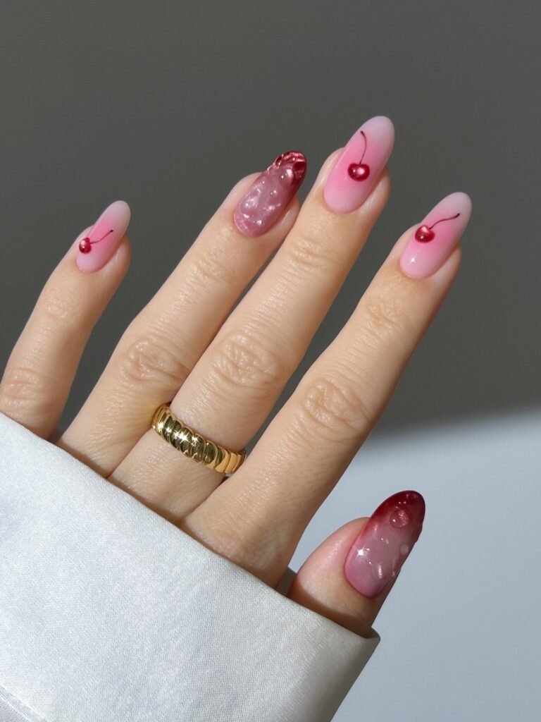  pink jelly cherry nails with glossy 3D accents