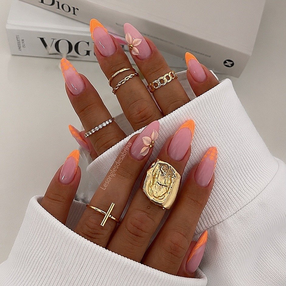 Orange coral French nails with 3D floral nail art