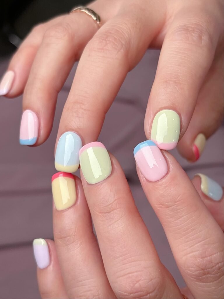 pastel color block nails with soft french tips