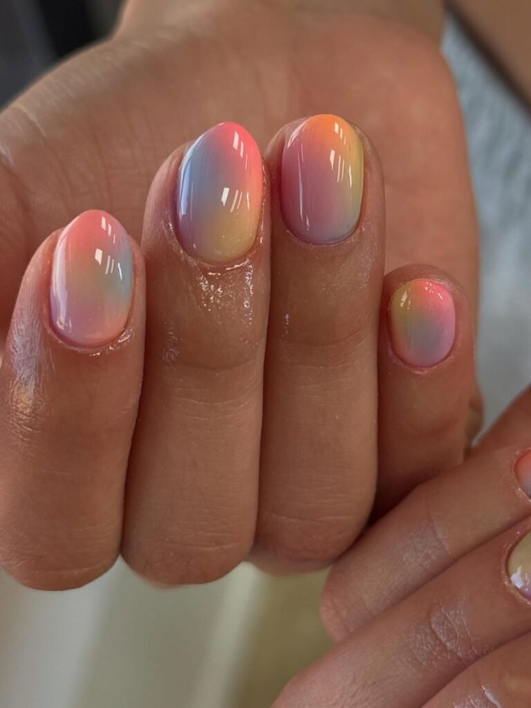 soft pastel aura nails with glossy rainbow fade