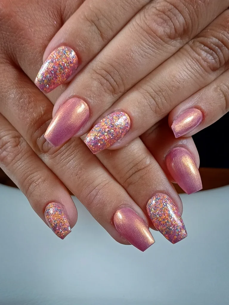 Pink coral glitter nails with champagne shimmer finish