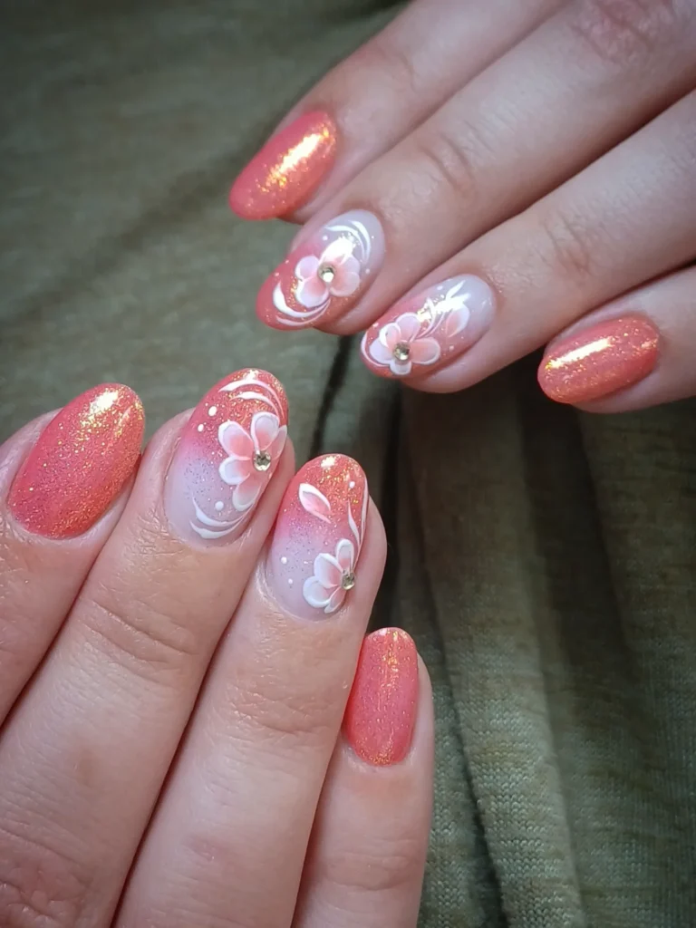 Coral cat eye nails with gold flakes and white flowers