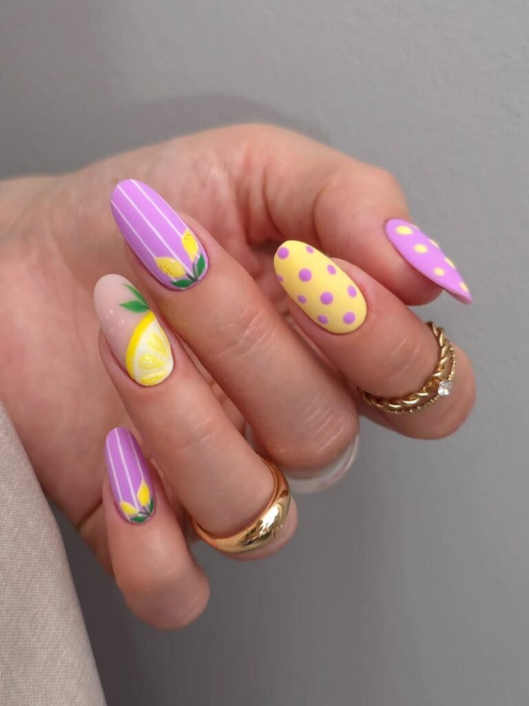 lemon lavender June nails with pastel polka dots
